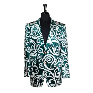 Mens Blazer Green White Abstract Velvet Dress Formal 2 Button Jacket Wedding Sport Coat 42R