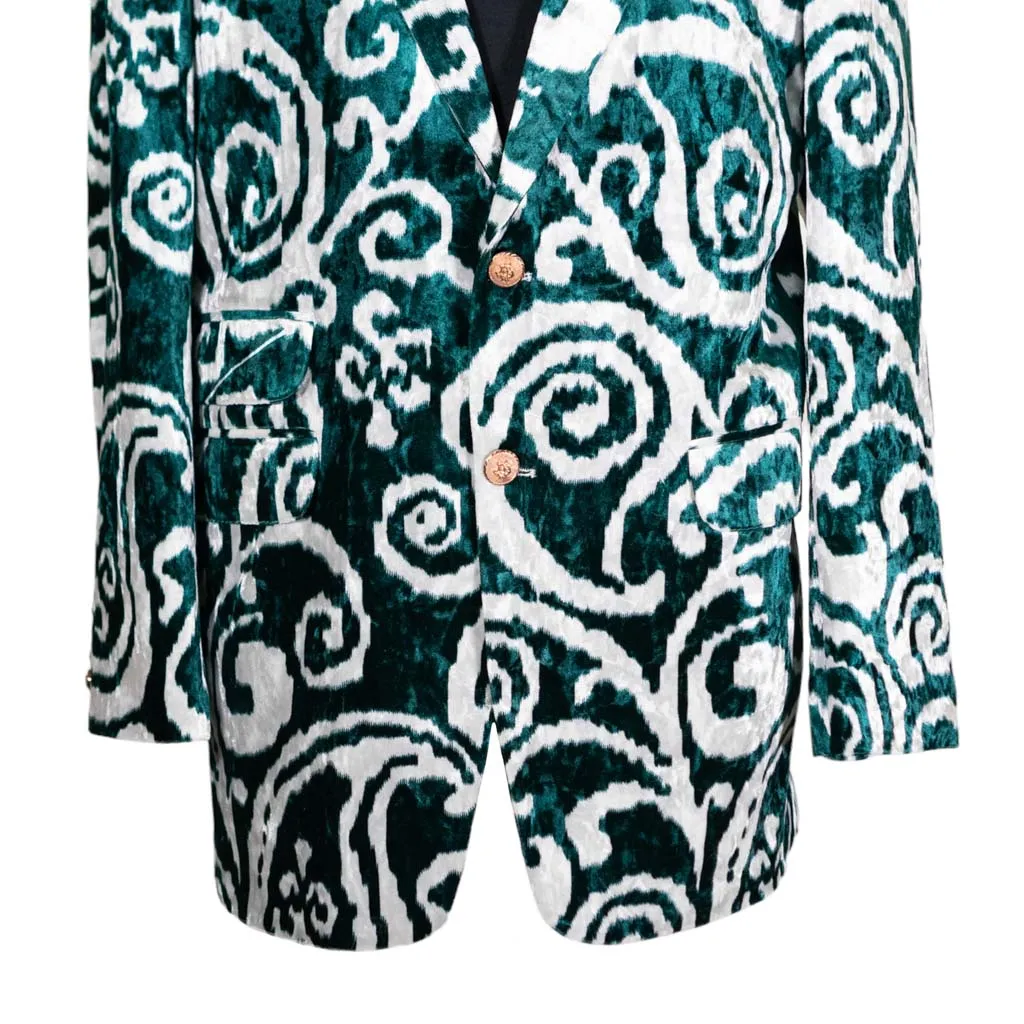 Mens Blazer Green White Abstract Velvet Dress Formal 2 Button Jacket Wedding Sport Coat 42R