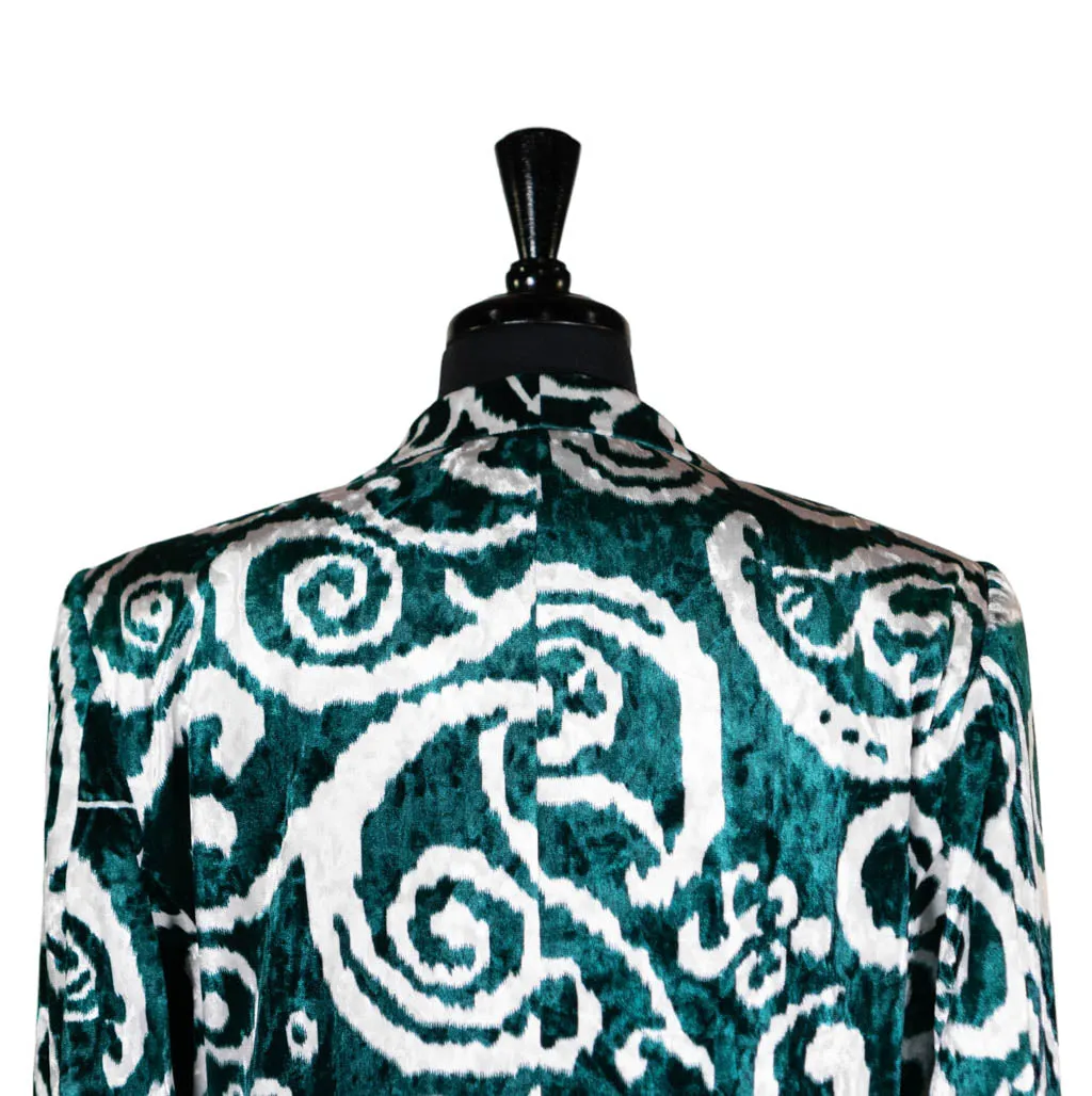 Mens Blazer Green White Abstract Velvet Dress Formal 2 Button Jacket Wedding Sport Coat 42R
