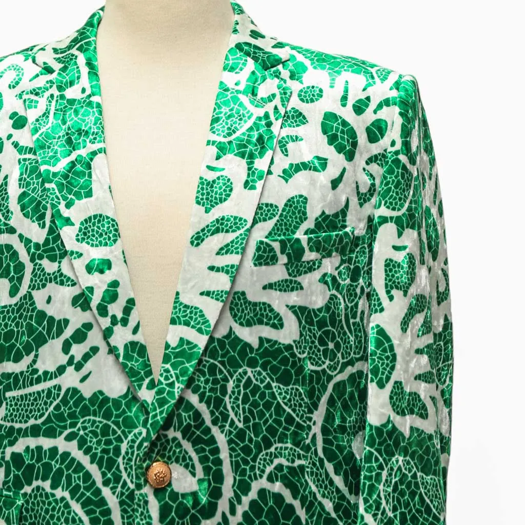 Mens Blazer Green White Floral Abstract Velvet Dress Formal Suit Jacket Wedding Sport Coat 42R