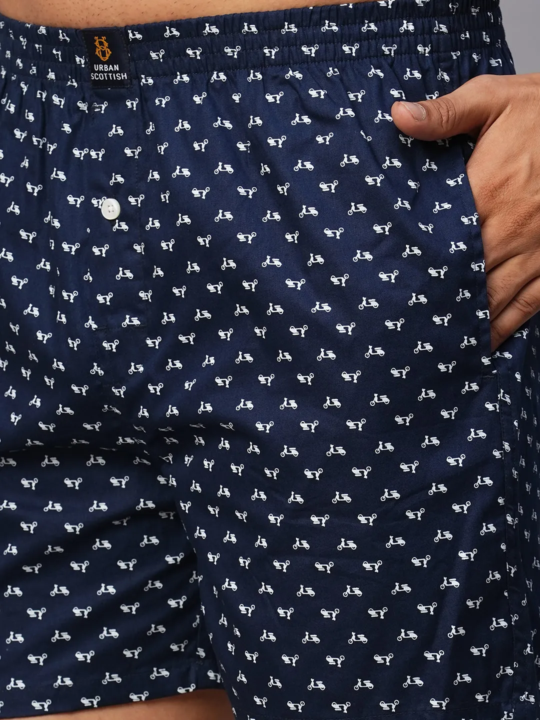 Men's Blue, 100% Cotton, Printed, Regular Fit, Inner Elastic, Mid-Rise, Boxers