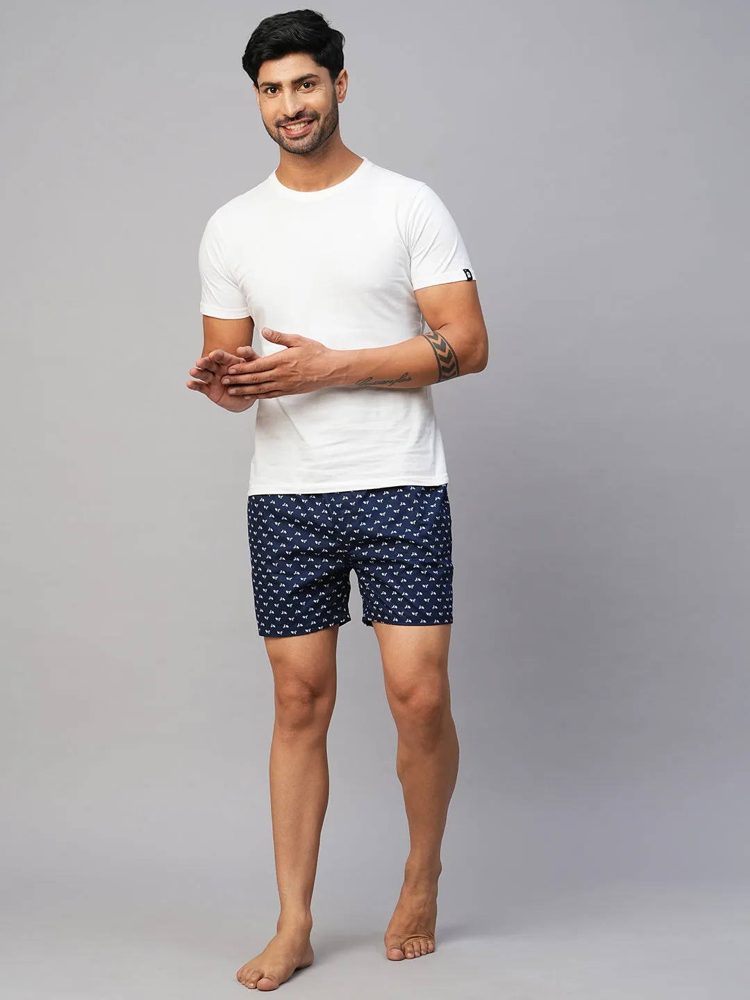 Men's Blue, 100% Cotton, Printed, Regular Fit, Inner Elastic, Mid-Rise, Boxers