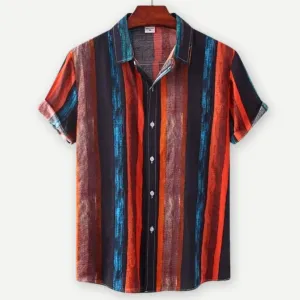 Men’s Casual Striped Linen Short Sleeve Beach Shirt