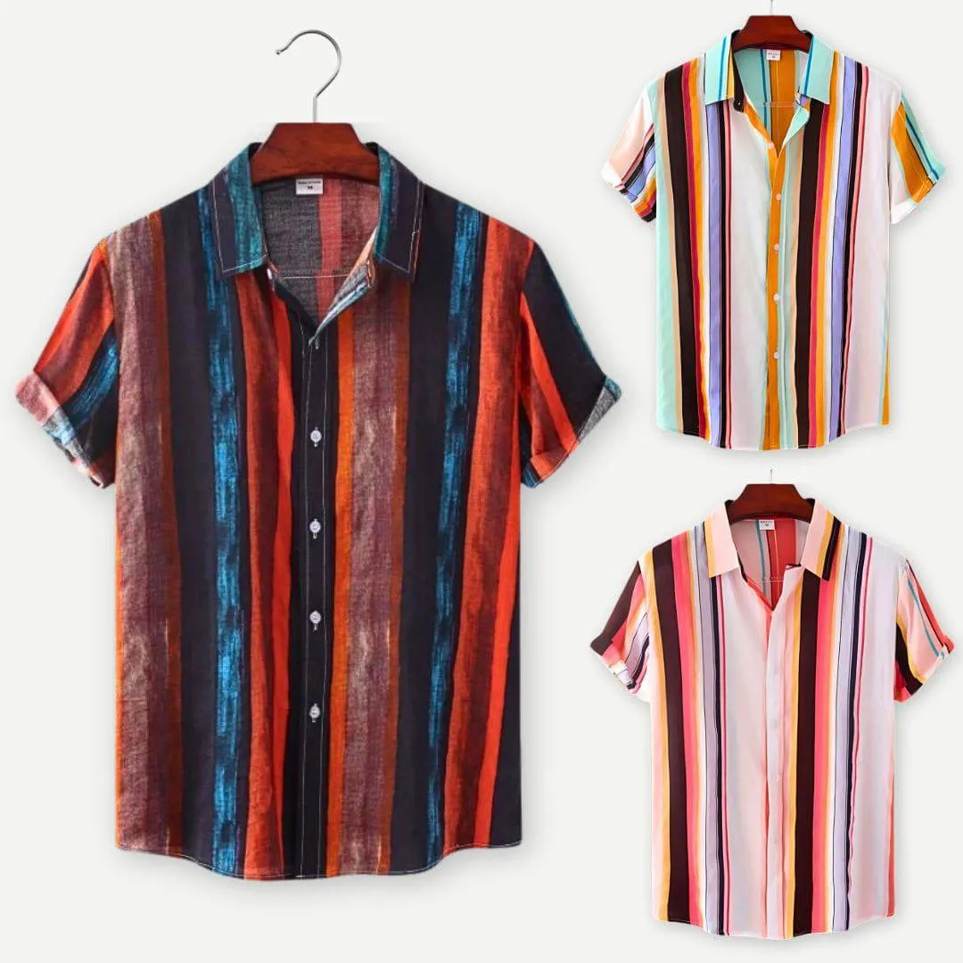 Men’s Casual Striped Linen Short Sleeve Beach Shirt