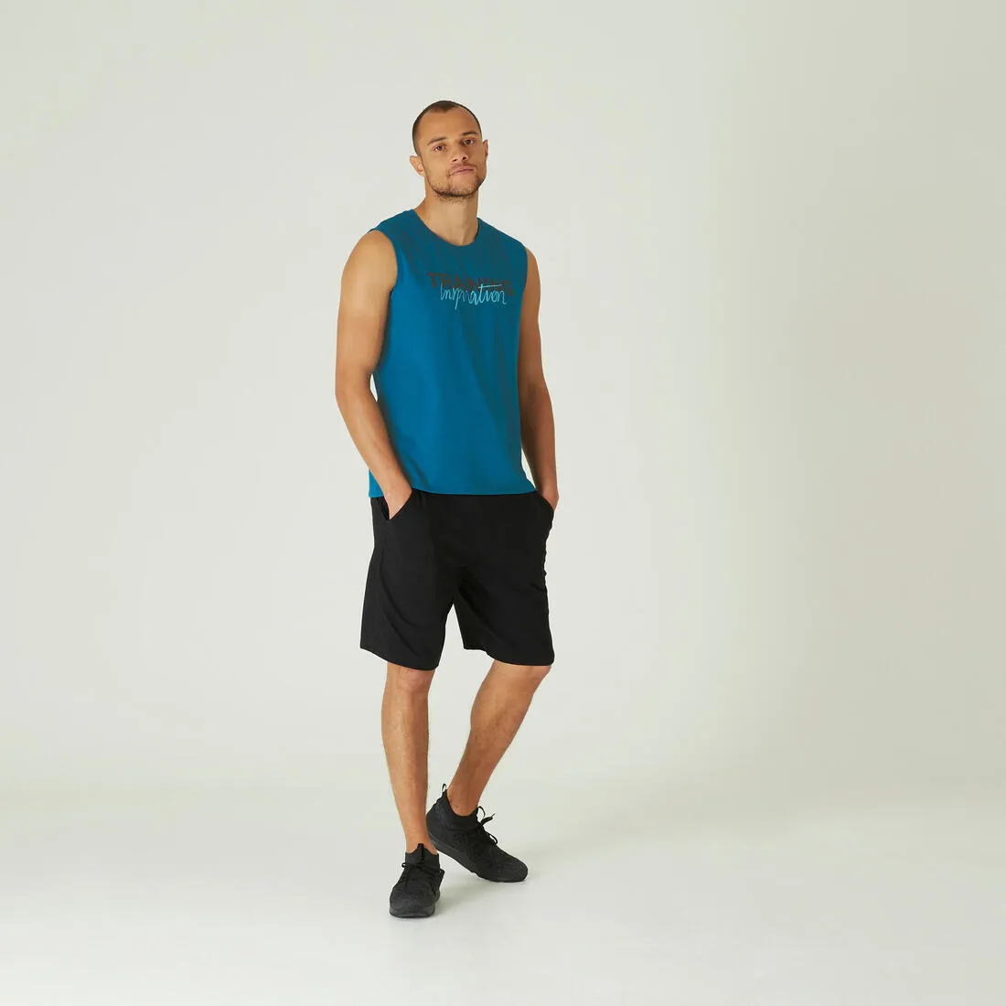 Men's Crew Neck Straight-Cut Cotton Fitness Tank Top 500 - Yellow With Motif