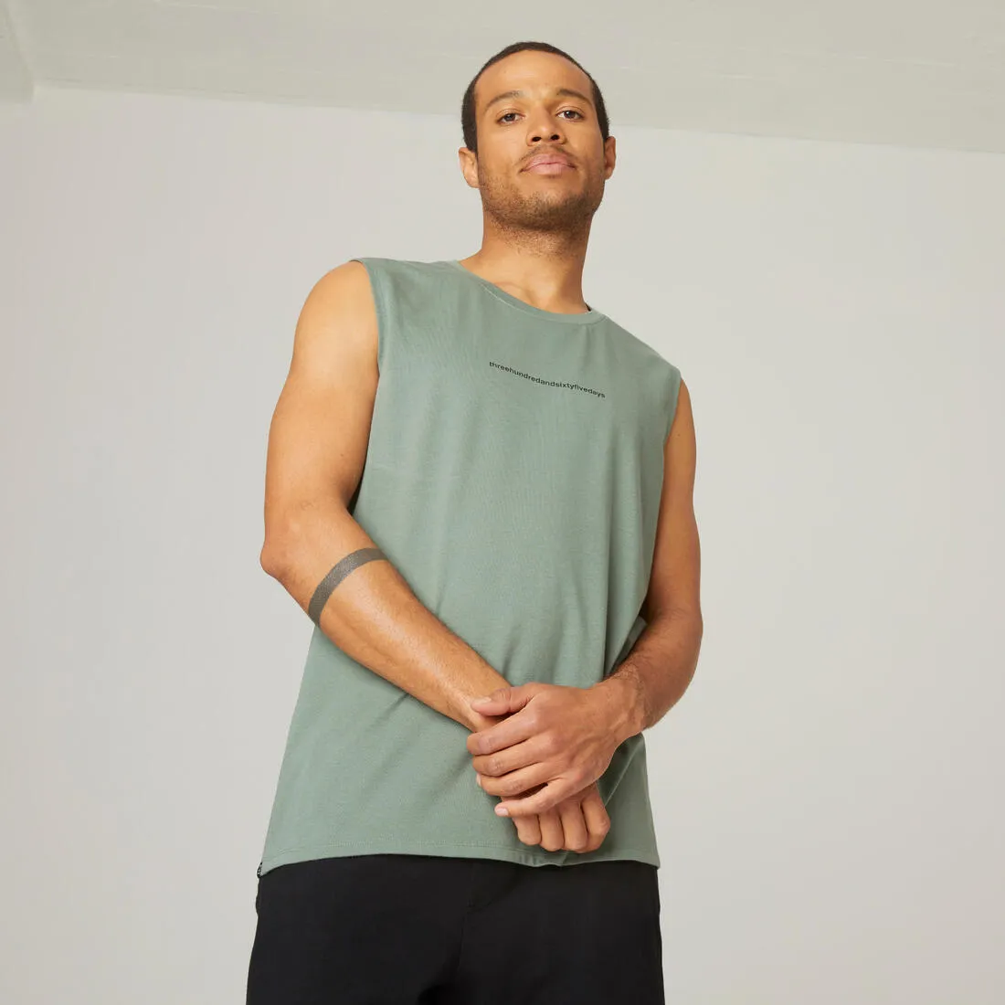 Men's Crew Neck Straight-Cut Cotton Fitness Tank Top 500 - Yellow With Motif