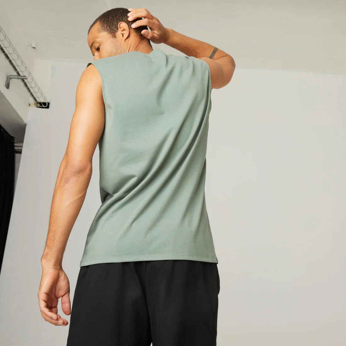 Men's Crew Neck Straight-Cut Cotton Fitness Tank Top 500 - Yellow With Motif