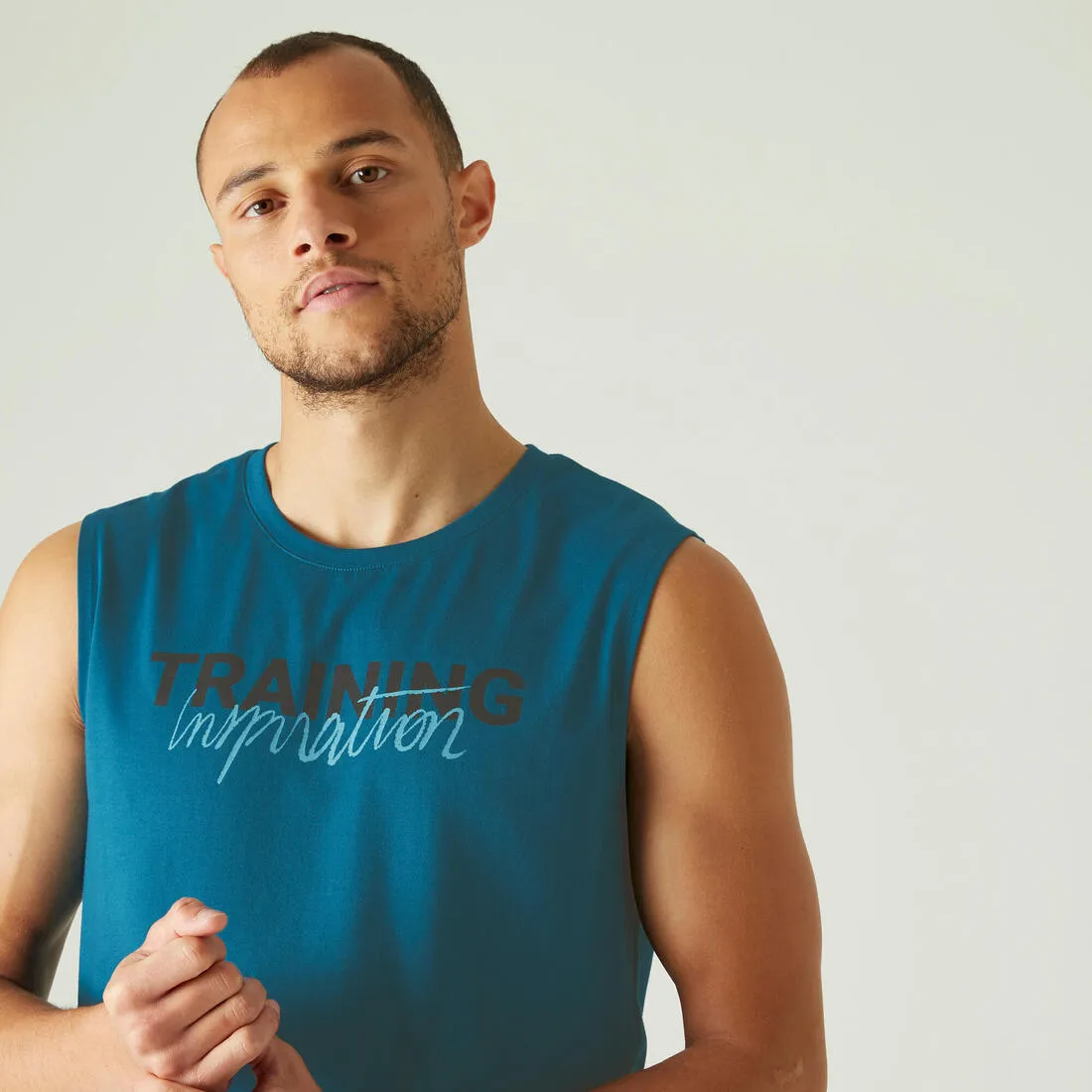 Men's Crew Neck Straight-Cut Cotton Fitness Tank Top 500 - Yellow With Motif