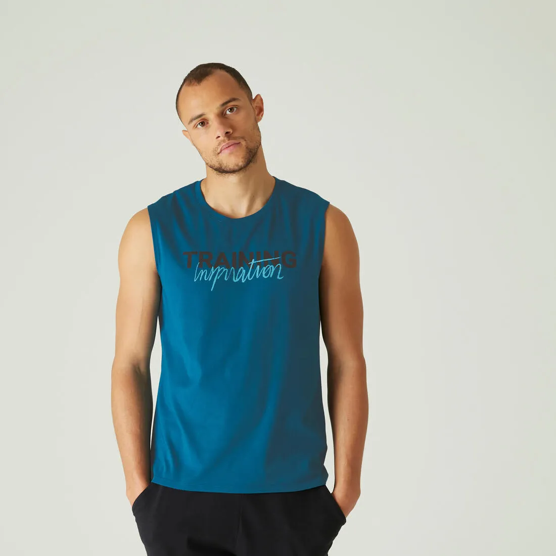 Men's Crew Neck Straight-Cut Cotton Fitness Tank Top 500 - Yellow With Motif