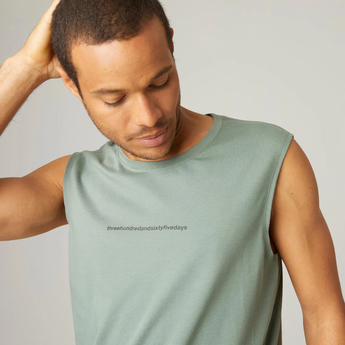 Men's Crew Neck Straight-Cut Cotton Fitness Tank Top 500 - Yellow With Motif