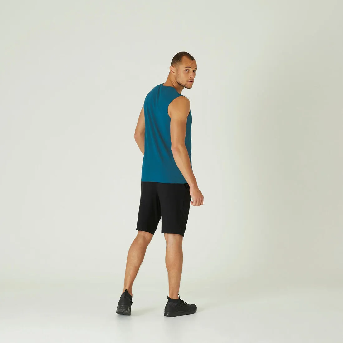 Men's Crew Neck Straight-Cut Cotton Fitness Tank Top 500 - Yellow With Motif