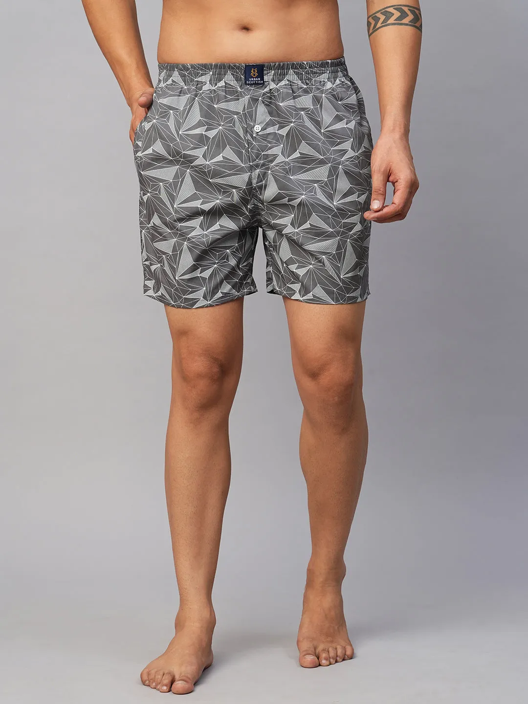 Men's Grey, 100% Cotton, Printed, Regular Fit, Inner Elastic, Mid-Rise, Boxers
