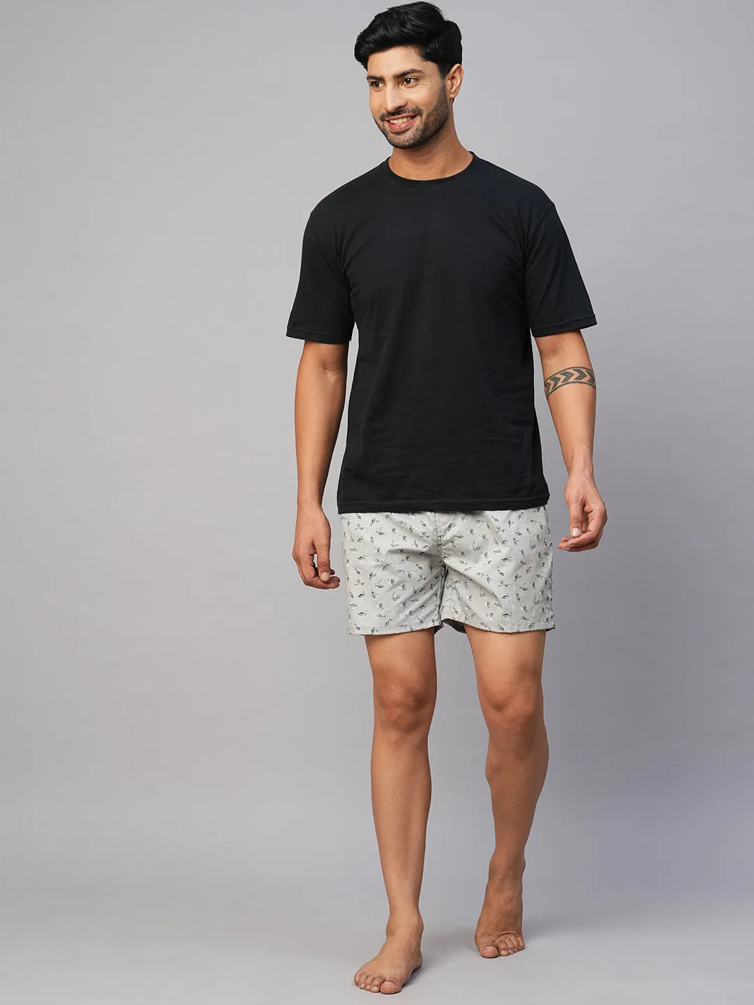Men's Grey, 100% Cotton, Printed, Regular Fit, Inner Elastic, Mid-Rise, Boxers