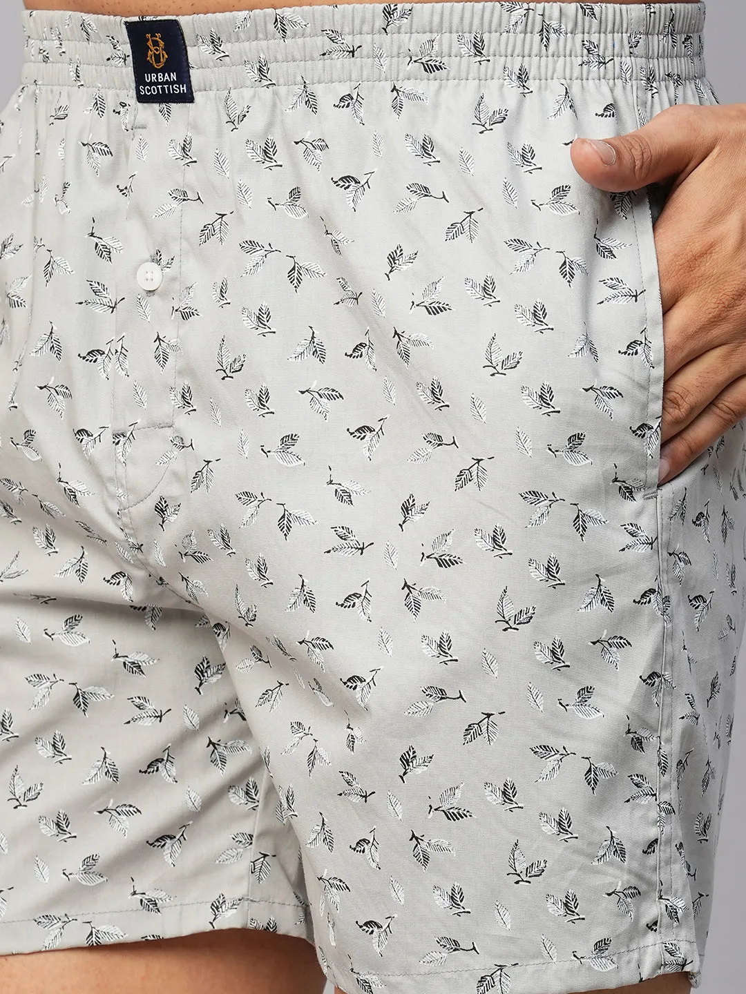 Men's Grey, 100% Cotton, Printed, Regular Fit, Inner Elastic, Mid-Rise, Boxers