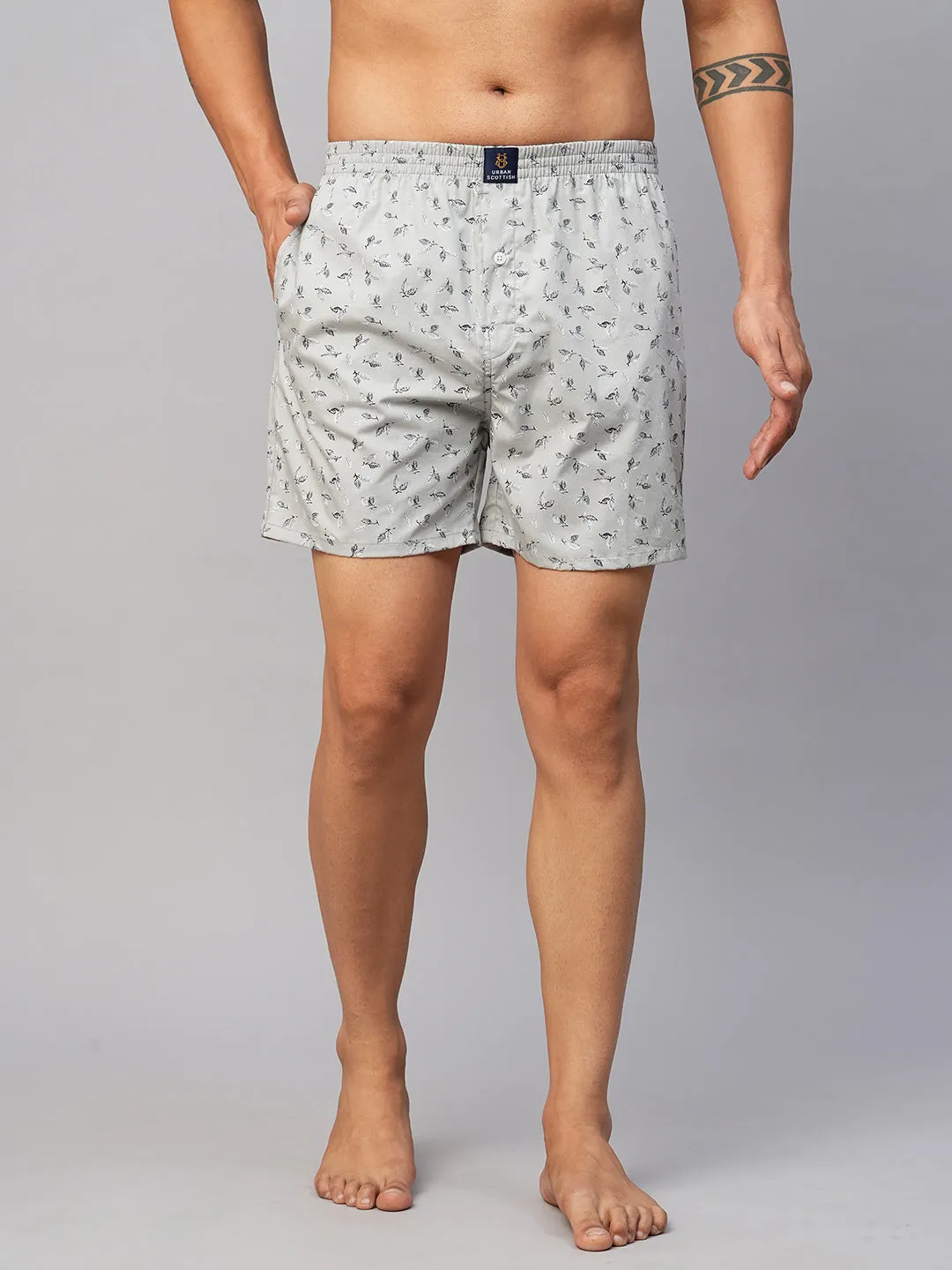 Men's Grey, 100% Cotton, Printed, Regular Fit, Inner Elastic, Mid-Rise, Boxers