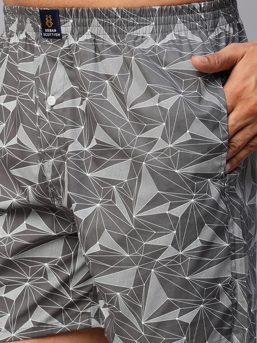 Men's Grey, 100% Cotton, Printed, Regular Fit, Inner Elastic, Mid-Rise, Boxers