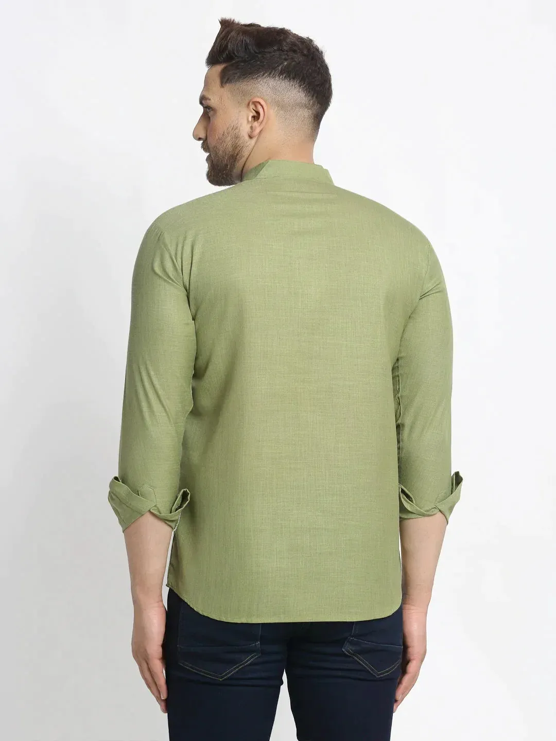 Men'S Olive Green Solid Cotton Short Kurta