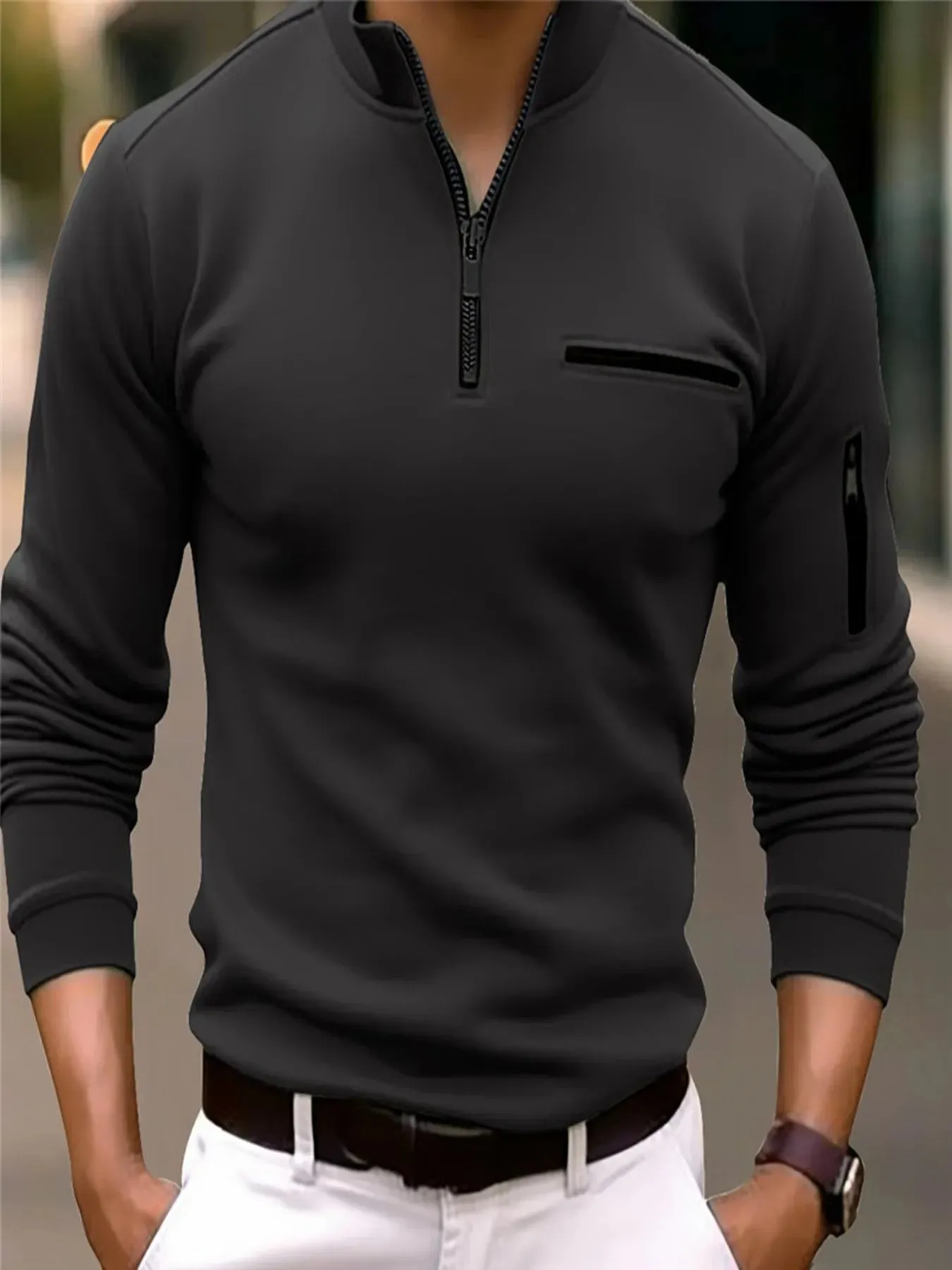 Men’s Striped Polo Shirt with Zippered Sleeves
