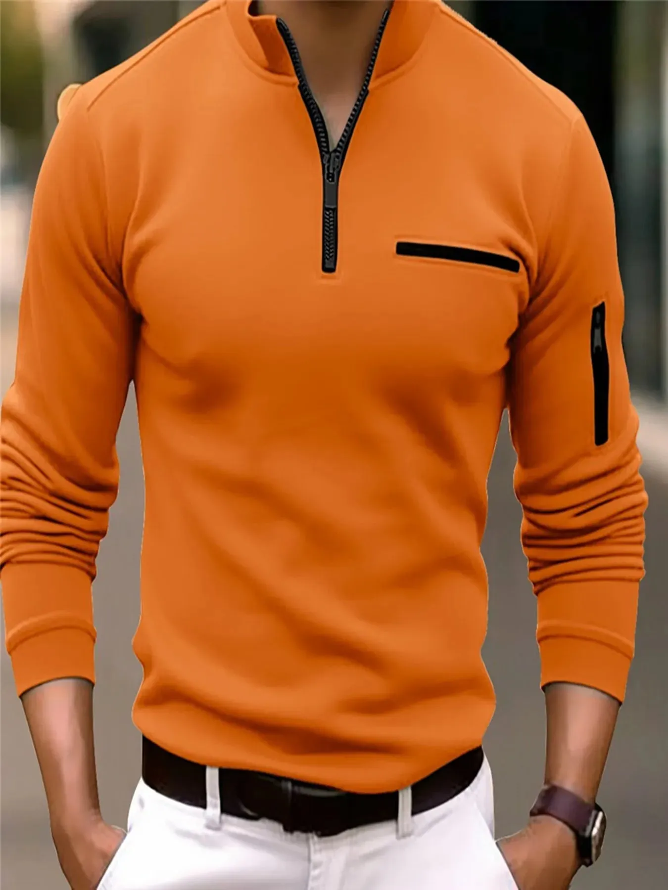 Men’s Striped Polo Shirt with Zippered Sleeves
