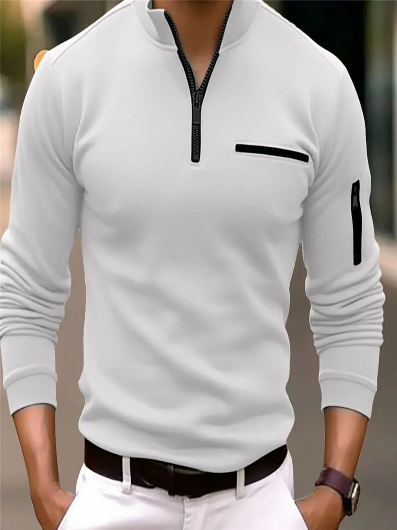 Men’s Striped Polo Shirt with Zippered Sleeves