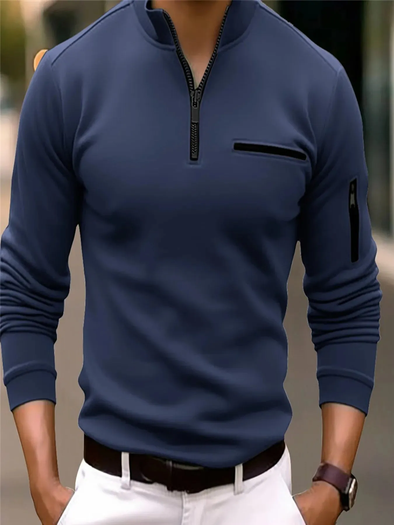 Men’s Striped Polo Shirt with Zippered Sleeves