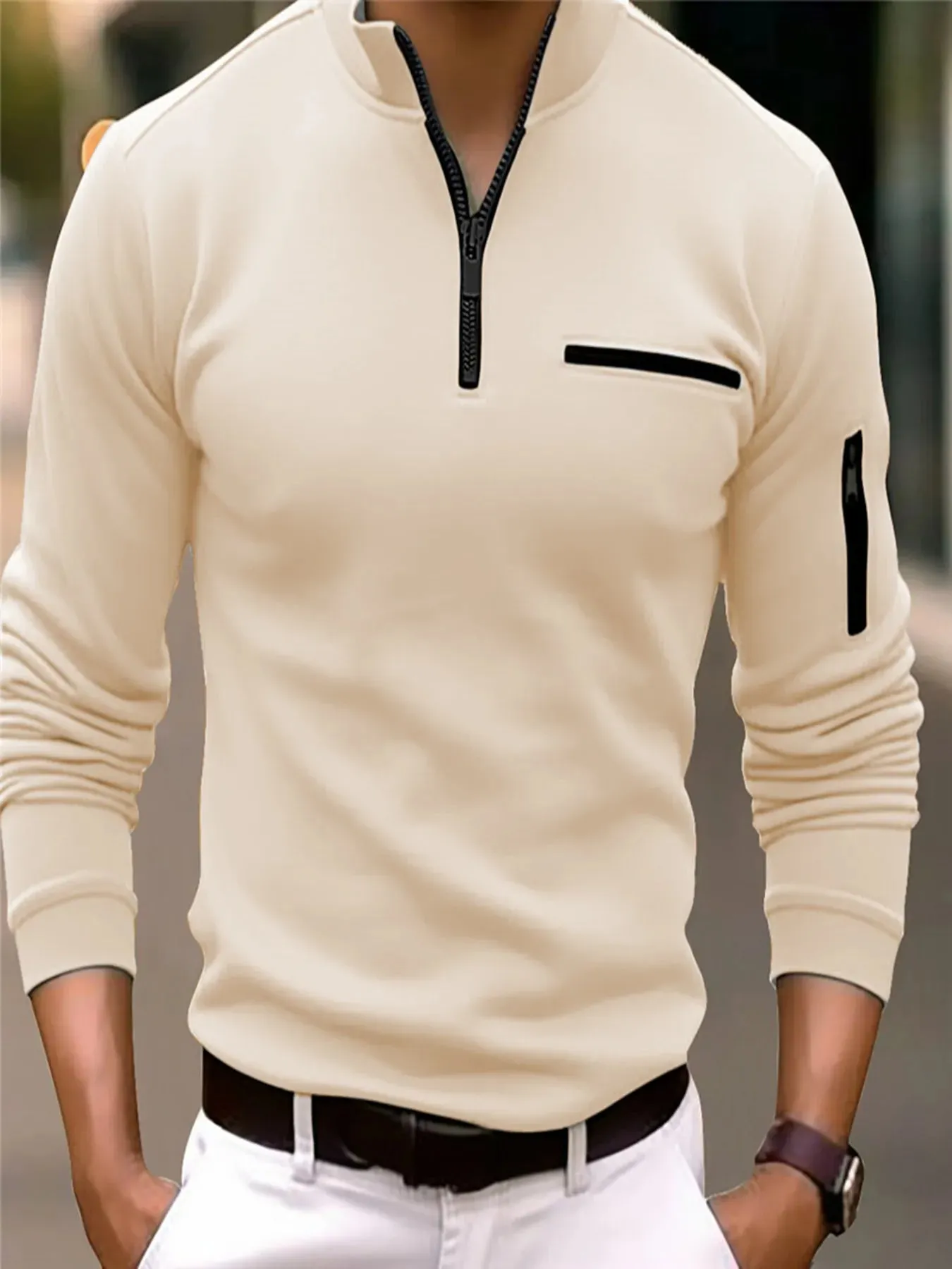Men’s Striped Polo Shirt with Zippered Sleeves