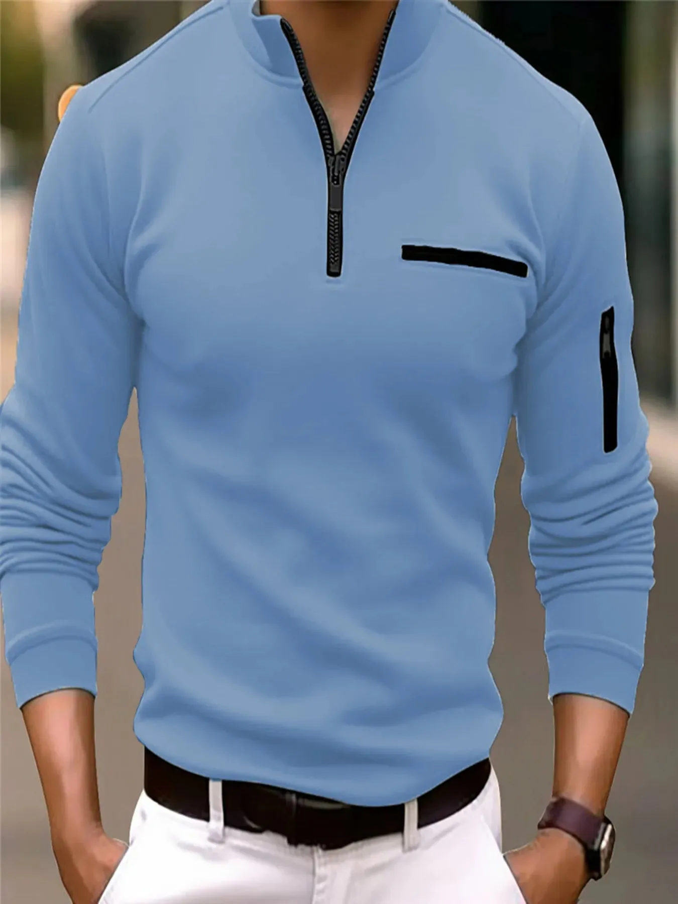 Men’s Striped Polo Shirt with Zippered Sleeves