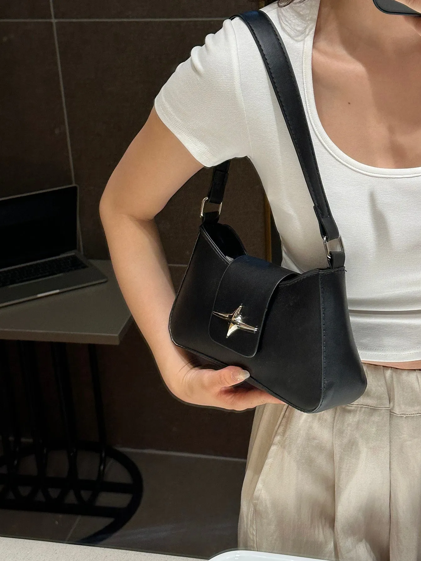 Metal Decor Stylish Shoulder Bag - Black- FD ⚡