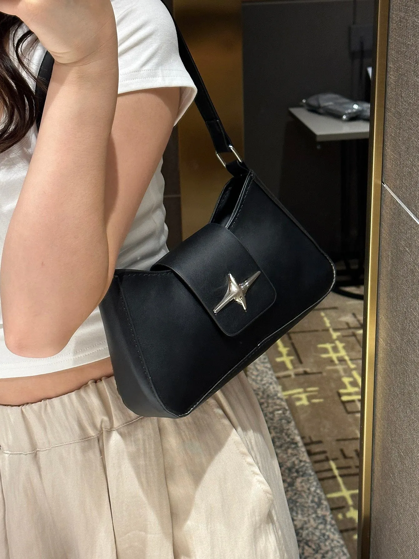 Metal Decor Stylish Shoulder Bag - Black- FD ⚡