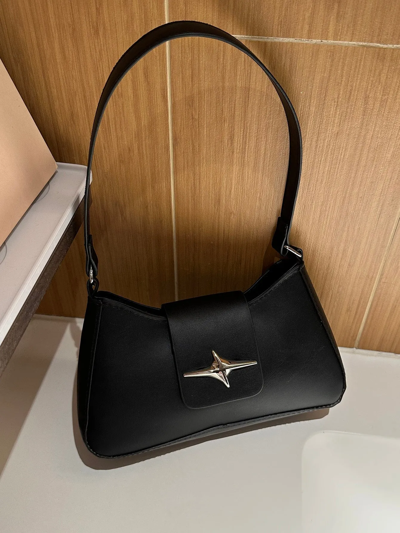 Metal Decor Stylish Shoulder Bag - Black- FD ⚡