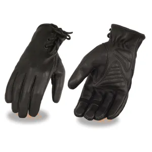 MG7745 Women's 'Laced Wrist' Black Deerskin Leather Gloves with Gel Palms
