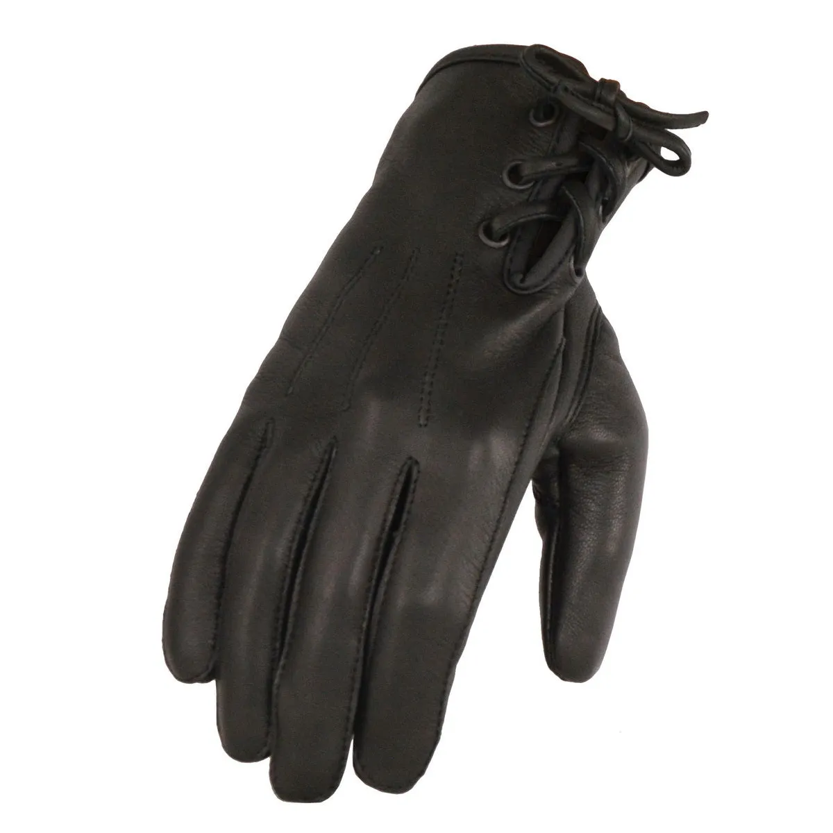 MG7745 Women's 'Laced Wrist' Black Deerskin Leather Gloves with Gel Palms