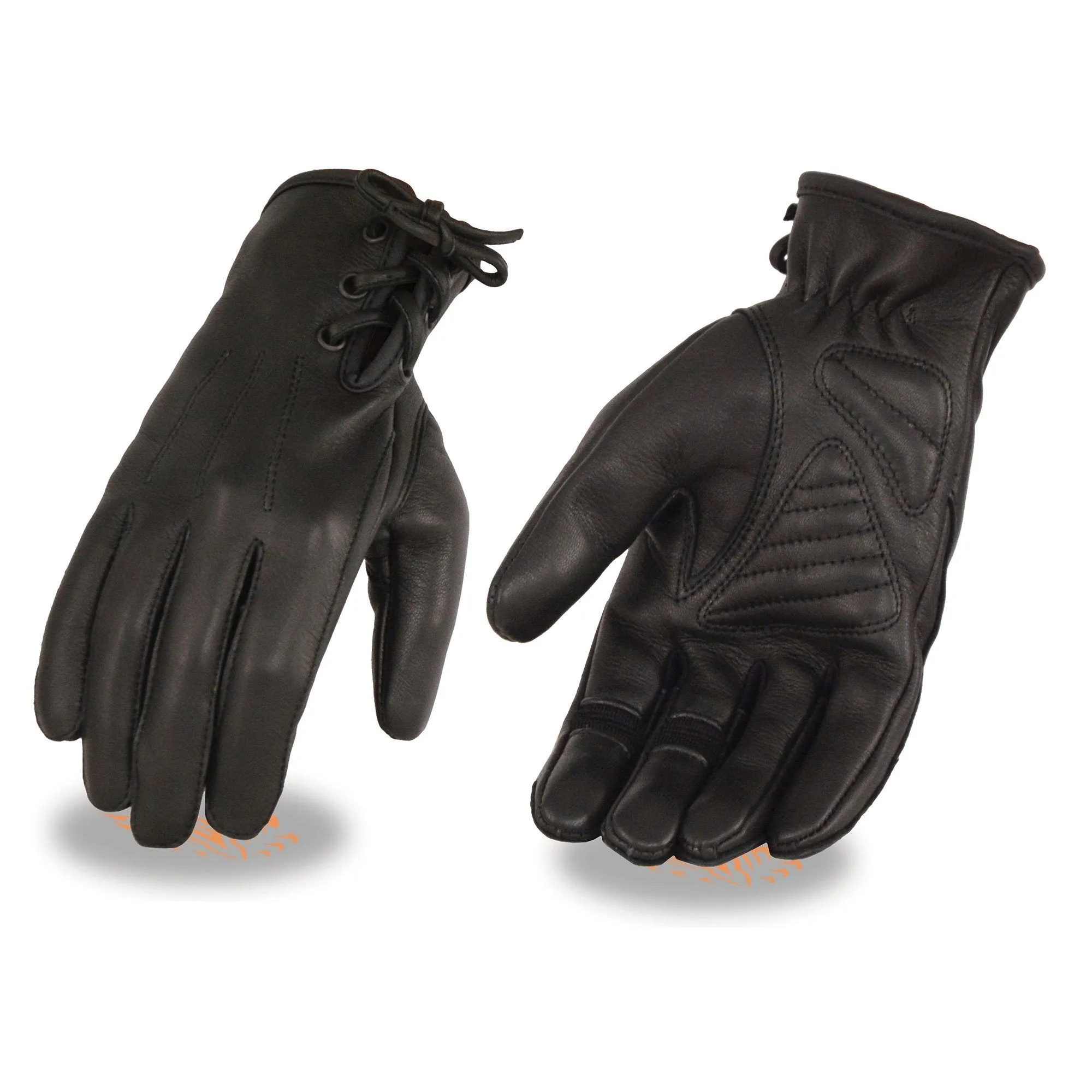 MG7745 Women's 'Laced Wrist' Black Deerskin Leather Gloves with Gel Palms