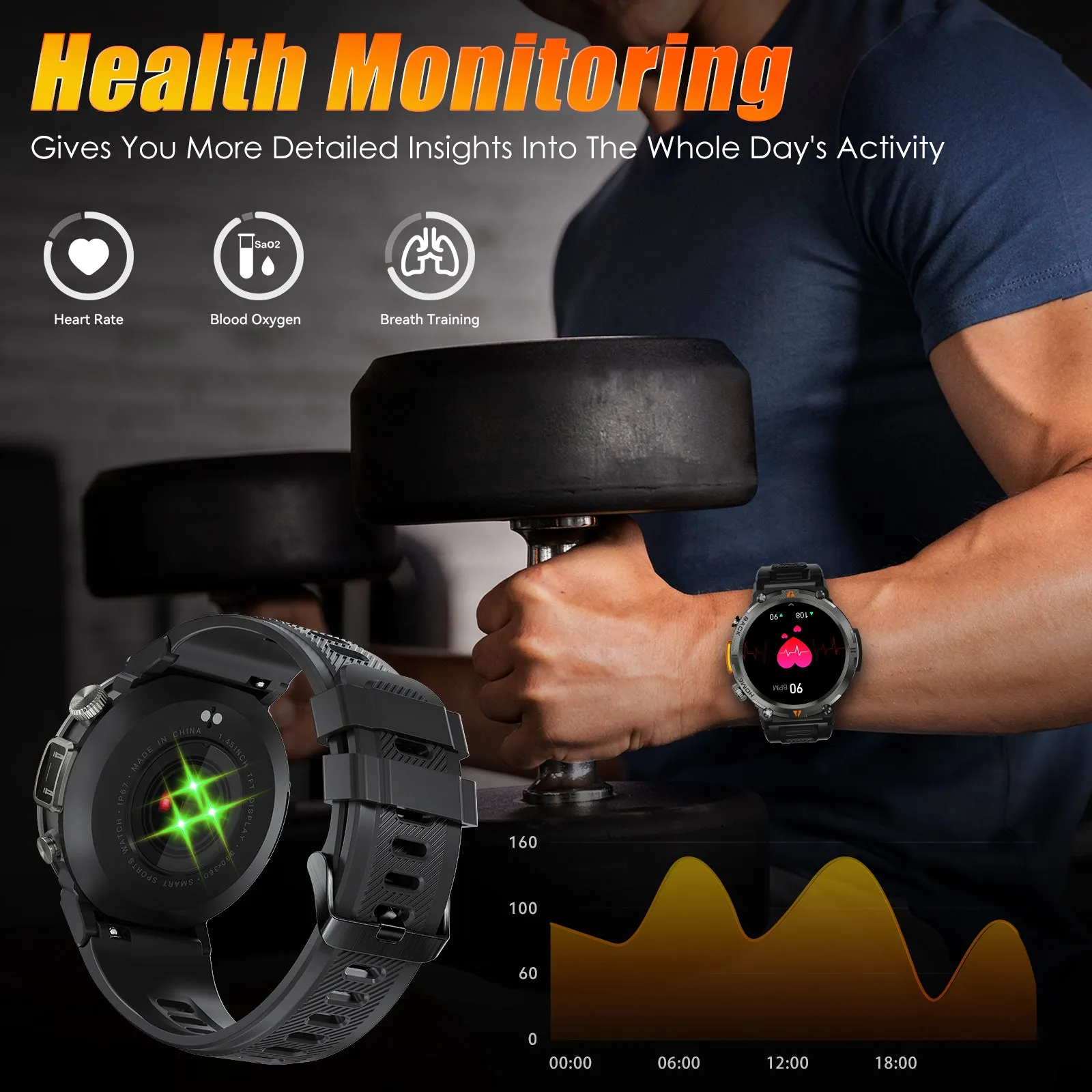 Military Smart Watch with LED Flashlight for Men Bluetooth Call 1.45" Big Screen Rugged Tactical Smartwatch Compatible with iPhone Android Phones Outdoor Fitness Tracker Watch with Heart Rate Sleep Monitor Pedometer