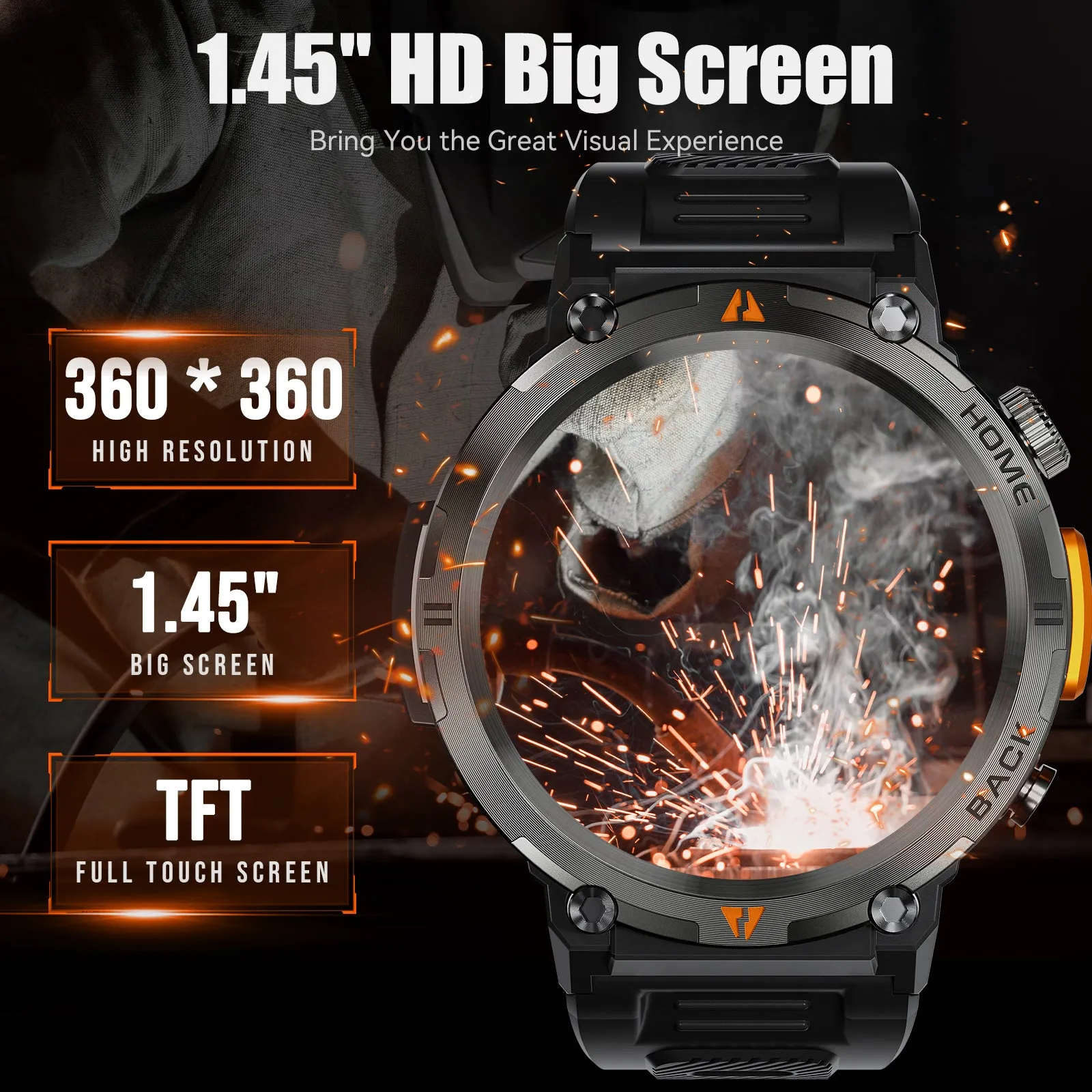 Military Smart Watch with LED Flashlight for Men Bluetooth Call 1.45" Big Screen Rugged Tactical Smartwatch Compatible with iPhone Android Phones Outdoor Fitness Tracker Watch with Heart Rate Sleep Monitor Pedometer