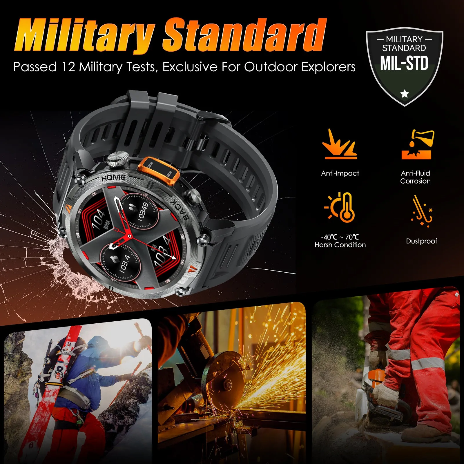Military Smart Watch with LED Flashlight for Men Bluetooth Call 1.45" Big Screen Rugged Tactical Smartwatch Compatible with iPhone Android Phones Outdoor Fitness Tracker Watch with Heart Rate Sleep Monitor Pedometer