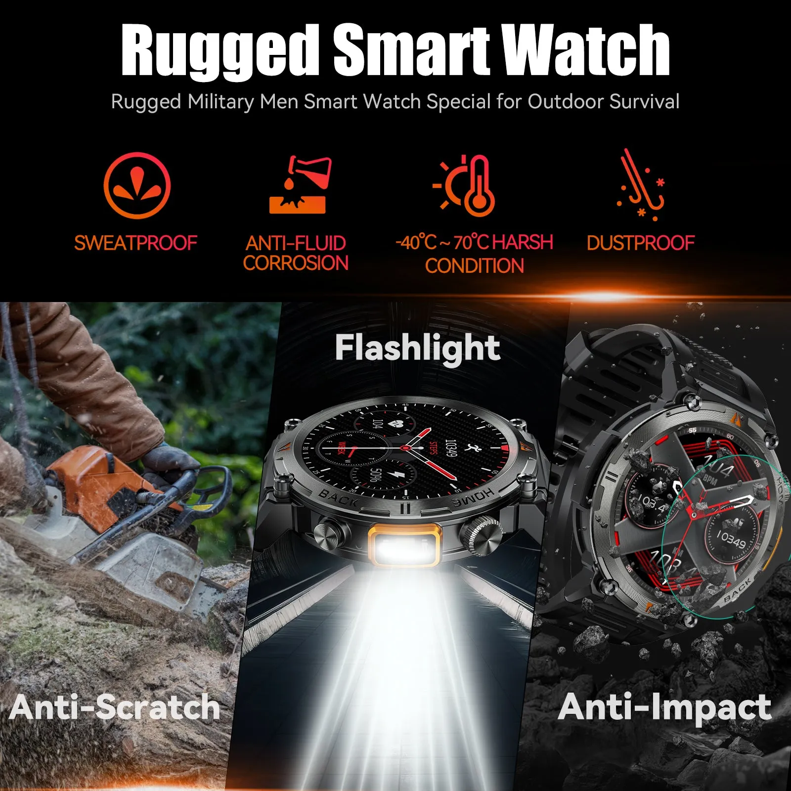 Military Smart Watch with LED Flashlight for Men Bluetooth Call 1.45" Big Screen Rugged Tactical Smartwatch Compatible with iPhone Android Phones Outdoor Fitness Tracker Watch with Heart Rate Sleep Monitor Pedometer