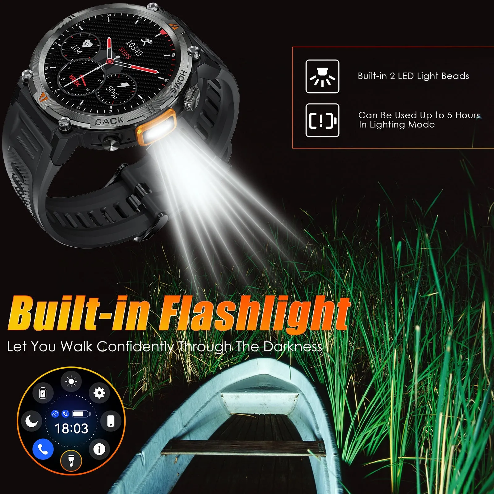 Military Smart Watch with LED Flashlight for Men Bluetooth Call 1.45" Big Screen Rugged Tactical Smartwatch Compatible with iPhone Android Phones Outdoor Fitness Tracker Watch with Heart Rate Sleep Monitor Pedometer