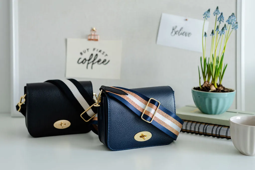Navy Blue Leather Crossbody Lock Bag
