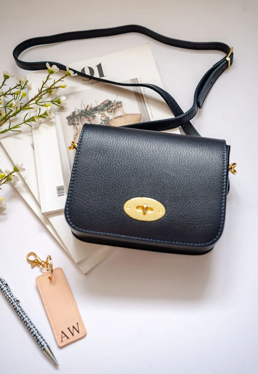 Navy Blue Leather Crossbody Lock Bag