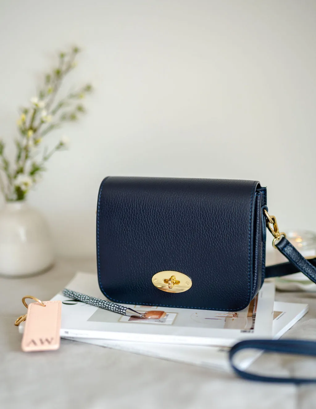 Navy Blue Leather Crossbody Lock Bag
