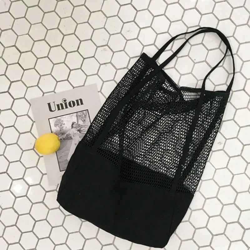New Design Women's Handbag Mesh Hollow Out Beach Package Large Capacity Shoulder Shopping Bag Canvas Female Tote