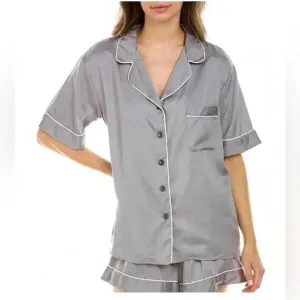 NEW Ettitude S Fog Gray Pajama Short Sleeve Shirt Top with White Trim