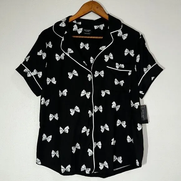 NEW Kate Spade NY Pajama Top Jersey Bow Black White Shirt Sleeve Loungewear sz L