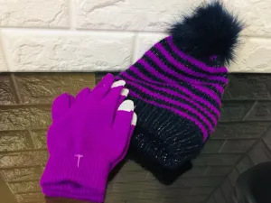 New Kids Girls Faux Fur Knit Beanie & Touchscreen gloves in Purple/Navy, Sz 4-14!
