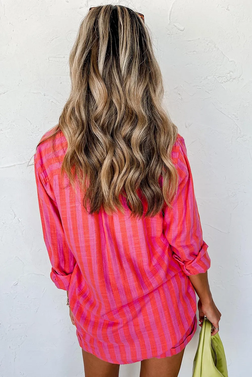 Orange Striped Print Collared Neck Shirt and Shorts Set
