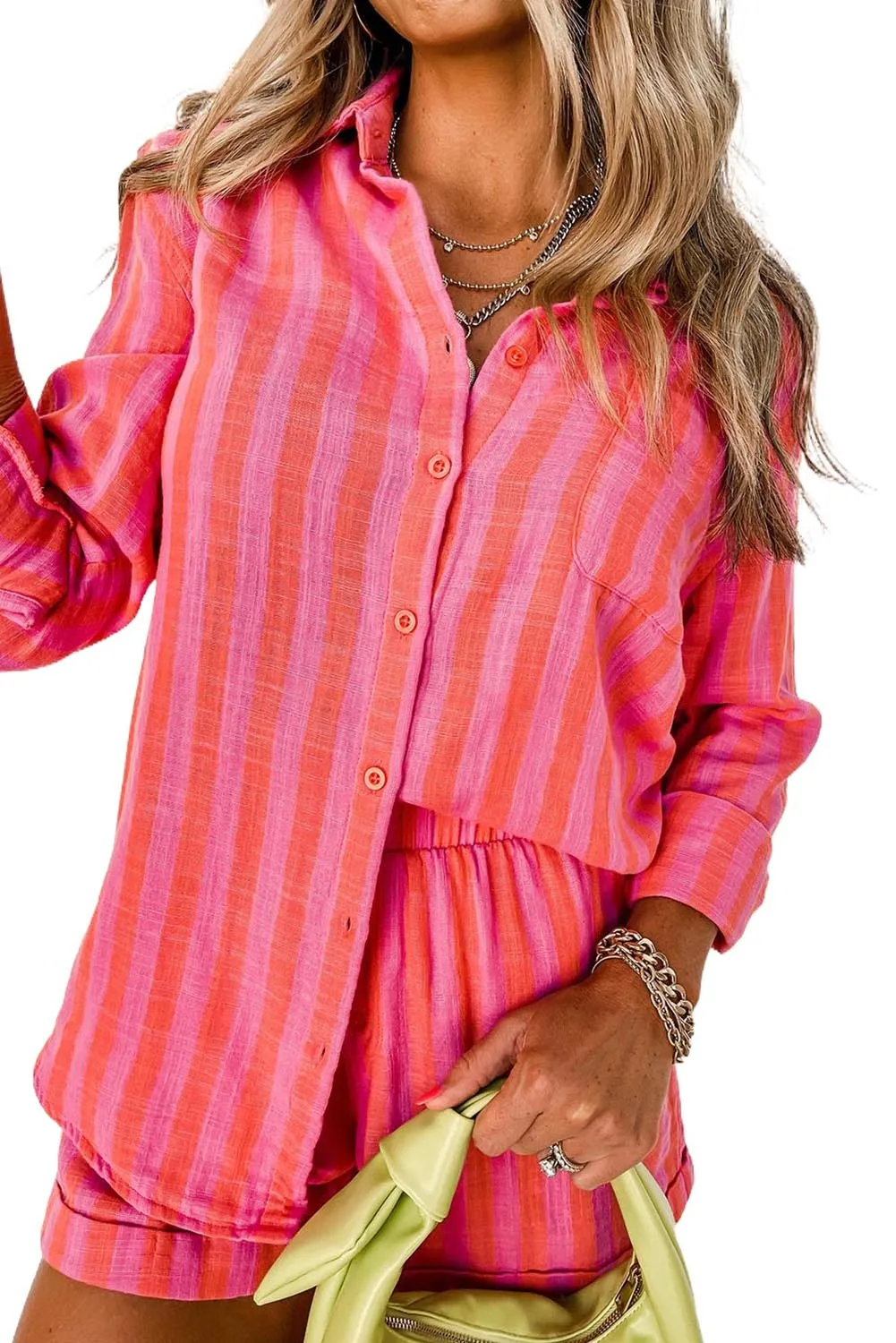 Orange Striped Print Collared Neck Shirt and Shorts Set