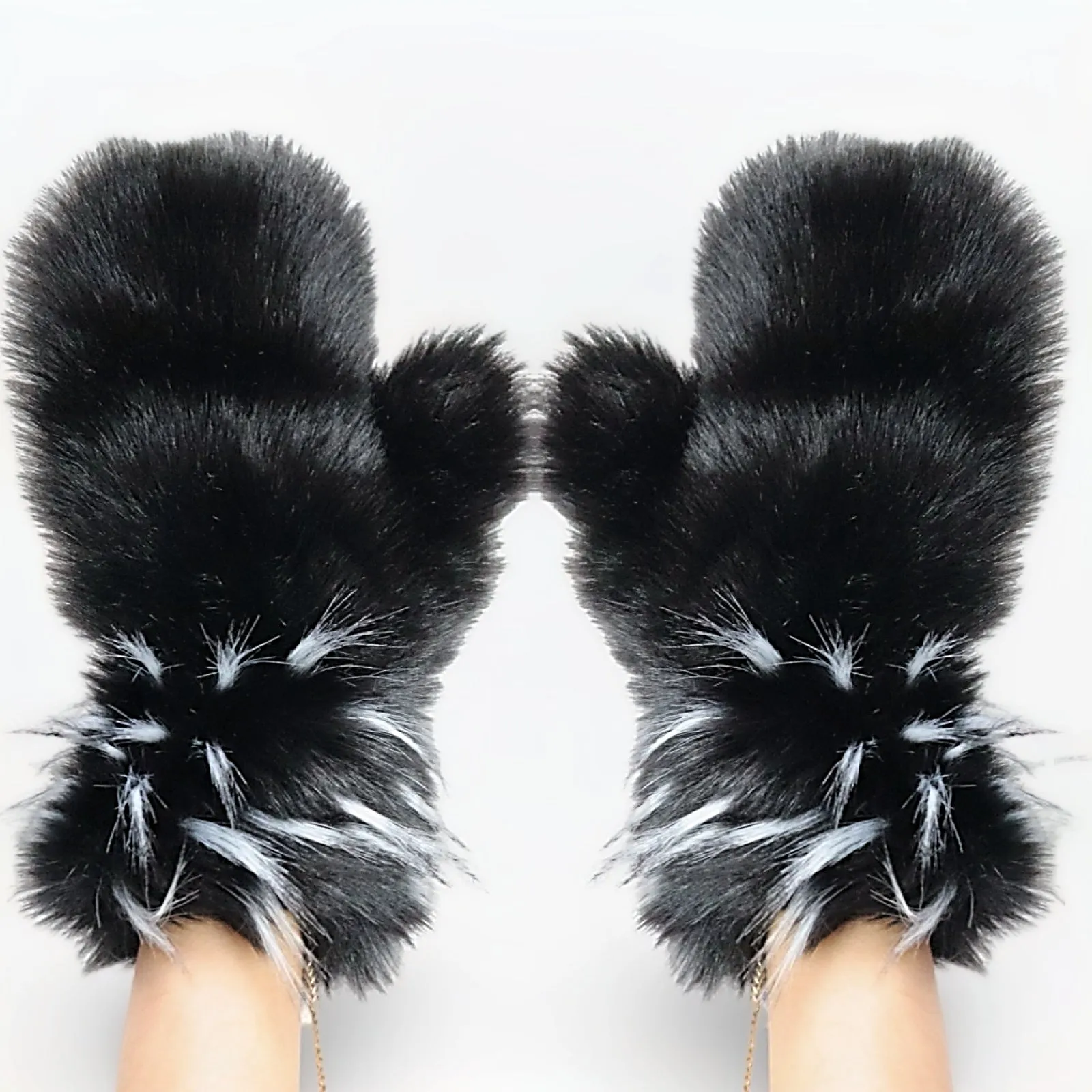 Over Sized Faux Fur Bedazzled Mittens