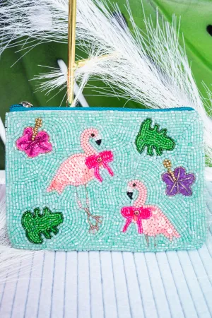 Pink Flamingo Aqua Seed Bead Coin Purse