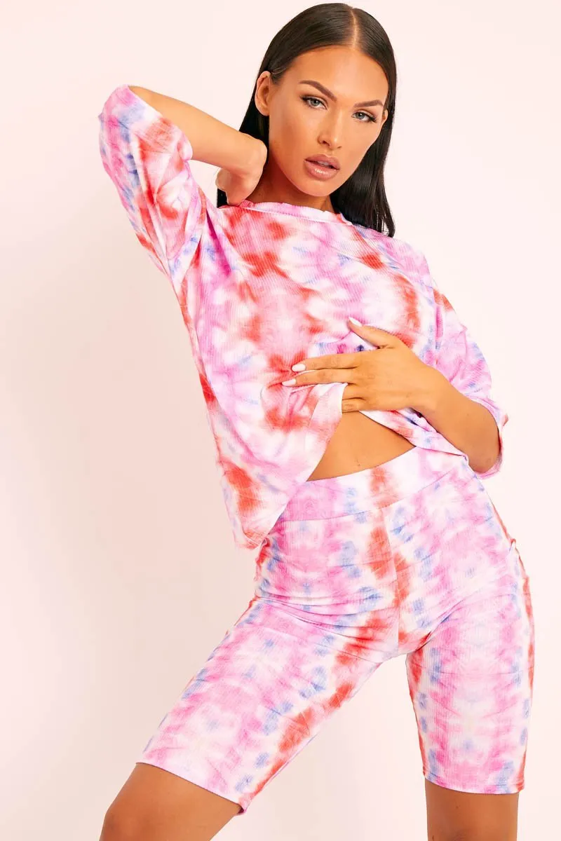 Pink Tie Dye Ribbed Cycling Shorts Co-ord - Haizlee
